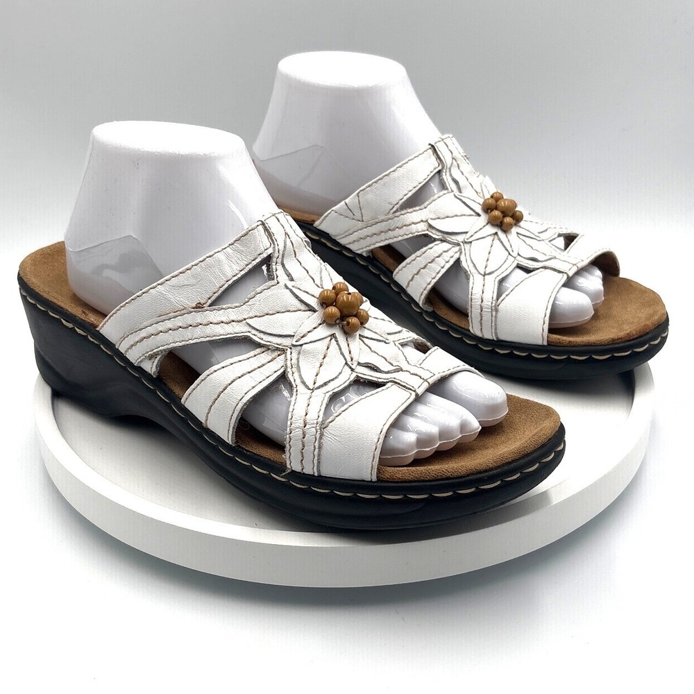 Clarks Collection Brinkley Flora White Leather Floral Wedge Slide Sandal Mens 10